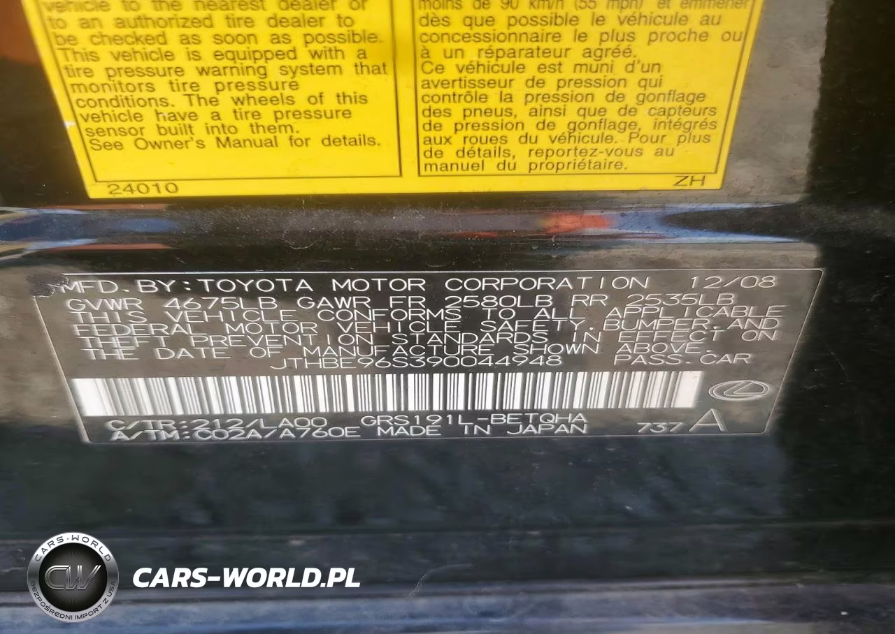 2009 Lexus Gs 350 VIN:JTHBE96S390044948 - 12