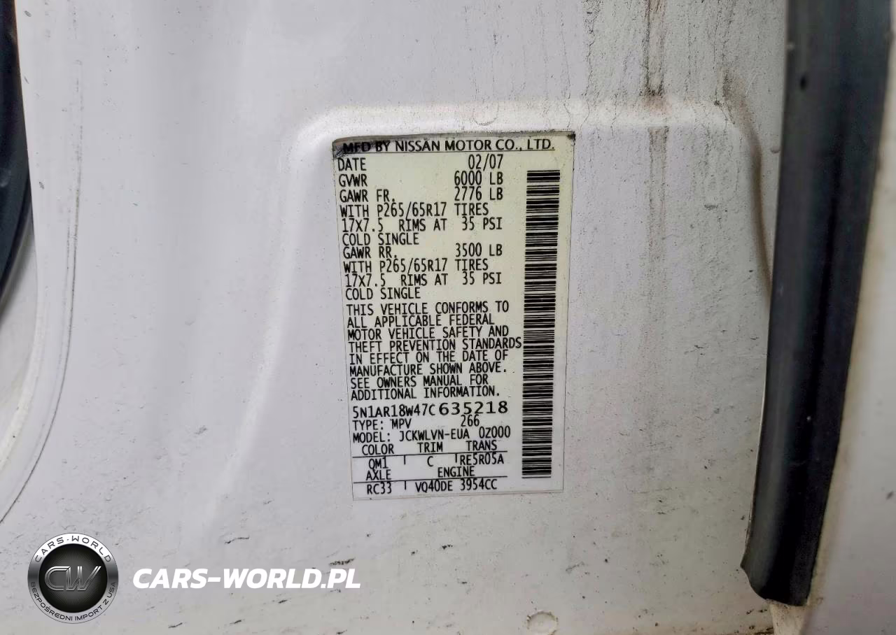 2007 Nissan Pathfinder S VIN:5N1AR18W47C635218 - 13