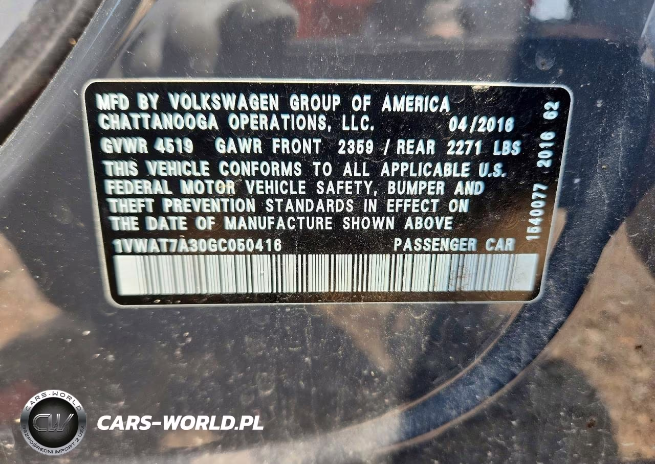 2016 Volkswagen Passat S VIN:1VWAT7A30GC050416 - 12