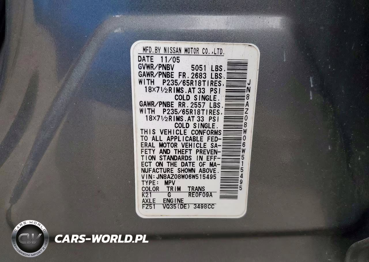 2006 Nissan Murano S VIN:JN8AZ08W06W515495 - 13