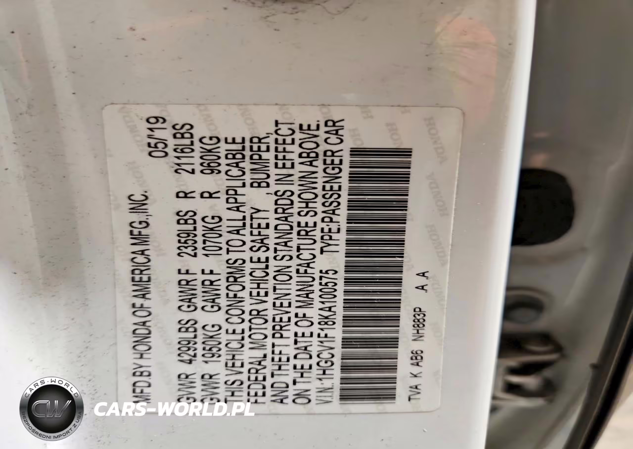 2019 Honda Accord Lx VIN:1HGCV1F18KA100575 - 12
