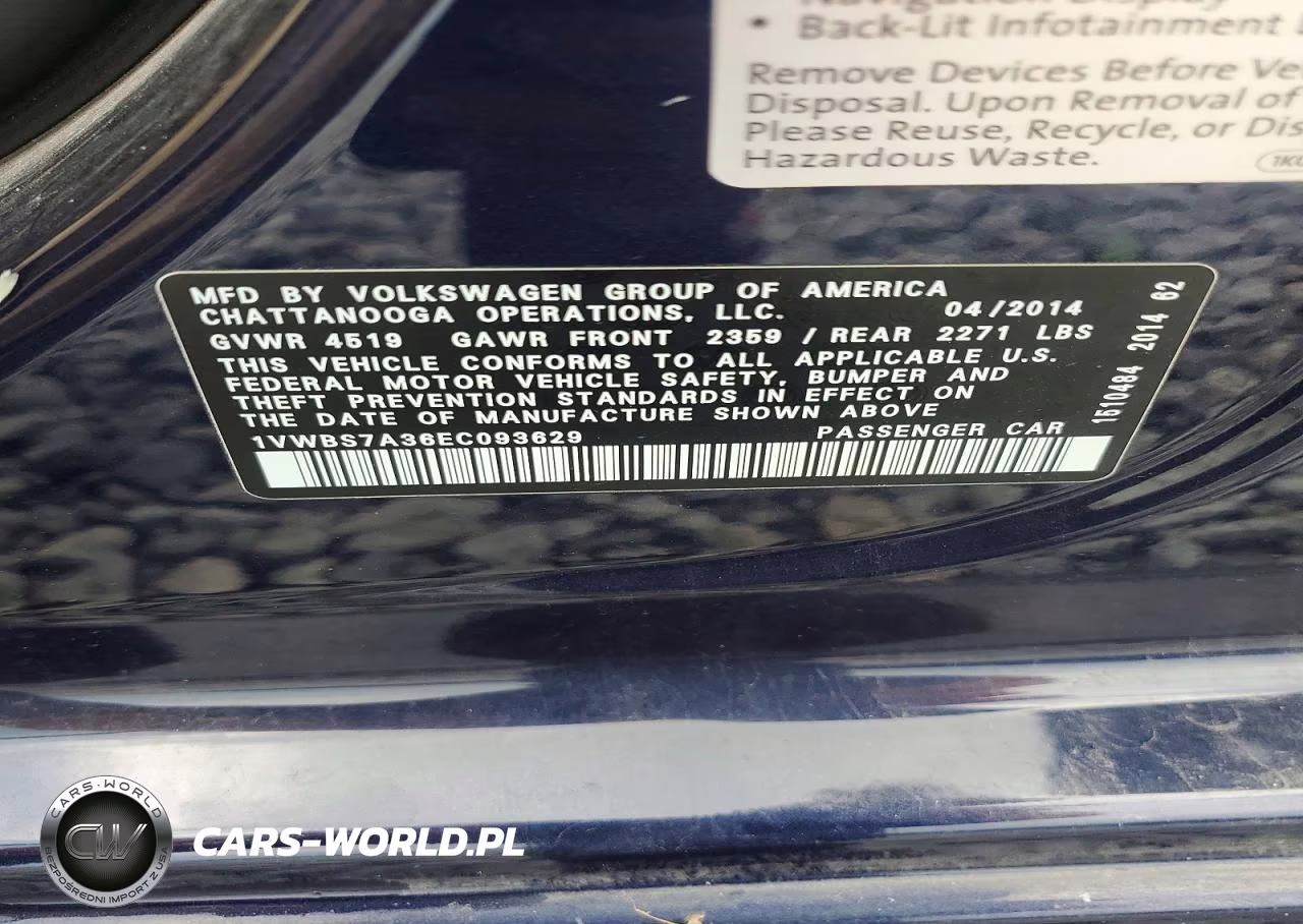2014 Volkswagen Passat Se VIN:1VWBS7A36EC093629 - 12