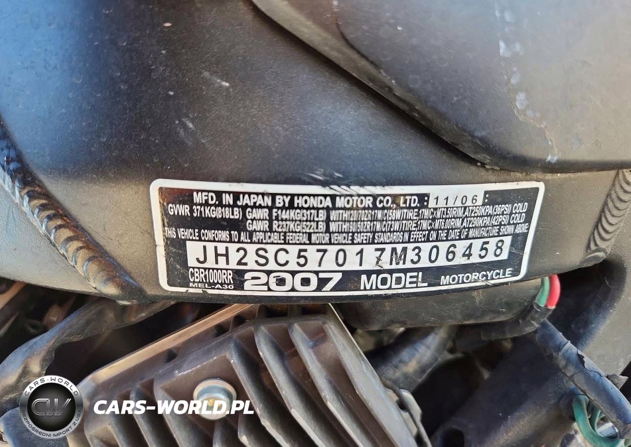 2007 Honda Cbr1000 Rr VIN:JH2SC57017M306458 - 10