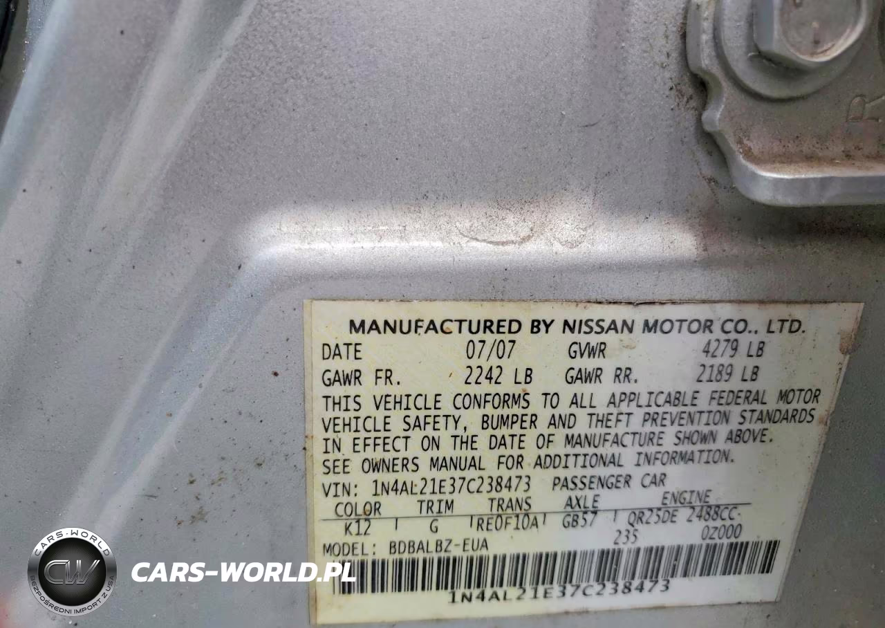 2007 Nissan Altima 2.5 VIN:1N4AL21E37C238473 - 12