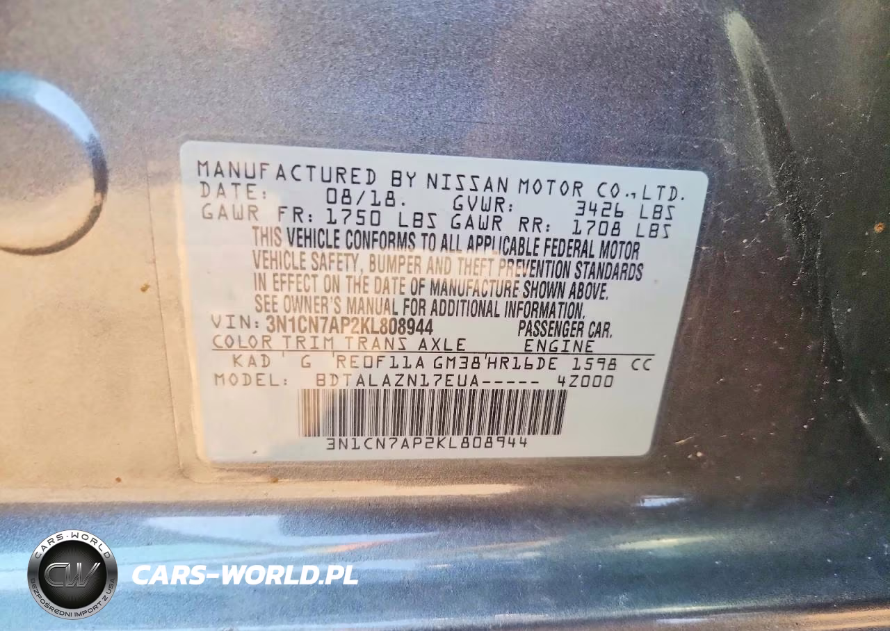 2019 Nissan Versa S Plus VIN:3N1CN7AP2KL808944 - 13
