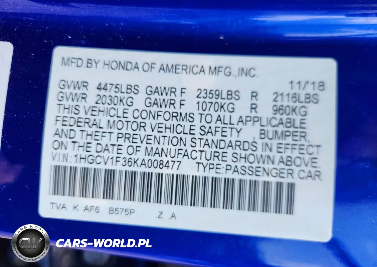 2019 Honda Accord Sport VIN:1HGCV1F36KA008477 - 13