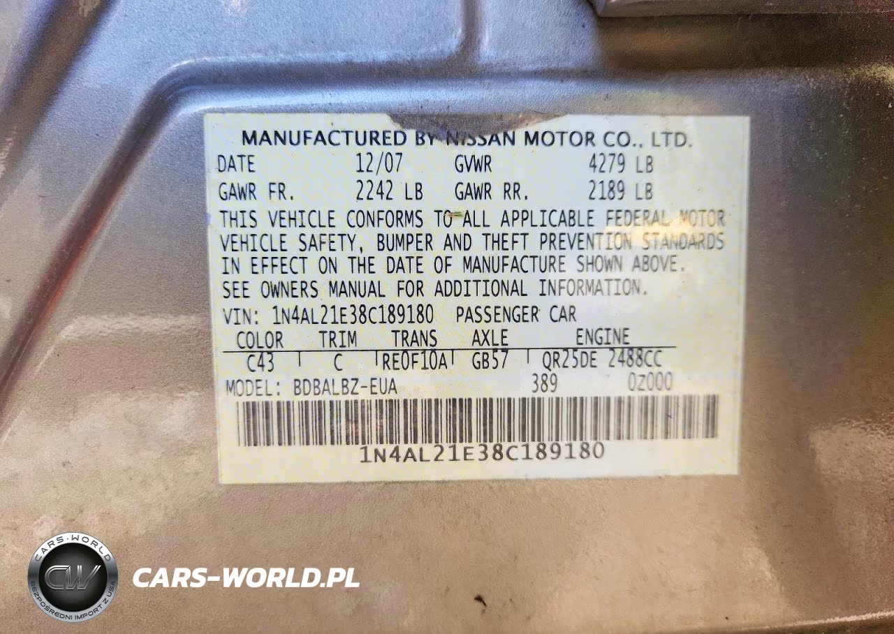 2008 Nissan Altima 2.5 VIN:1N4AL21E38C189180 - 12