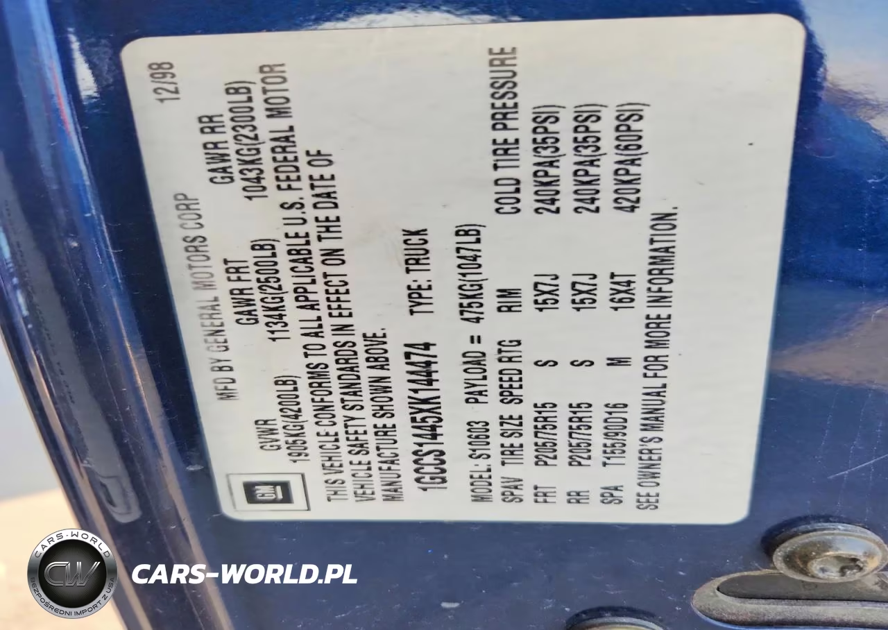 1999 Chevrolet S Truck S10 VIN:1GCCS1445XK144474 - 12