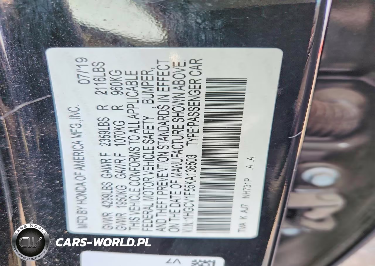 2019 Honda Accord Exl VIN:1HGCV1F55KA136503 - 12