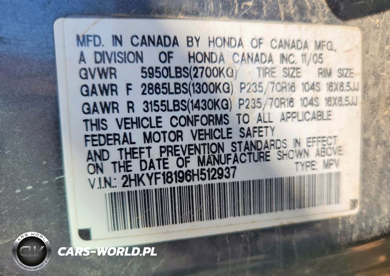 2006 Honda Pilot Lx VIN:2HKYF18196H512937 - 13