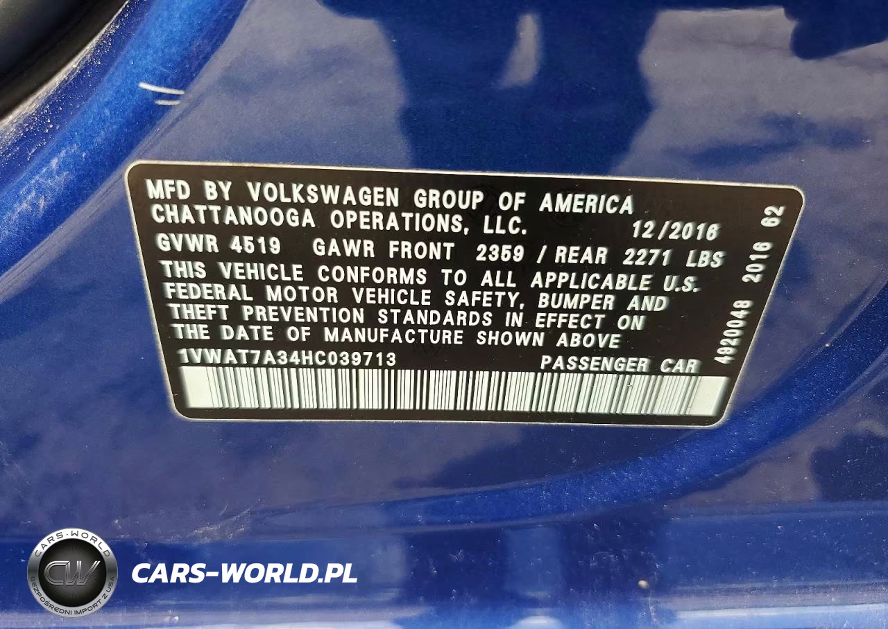 2017 Volkswagen Passat S VIN:1VWAT7A34HC039713 - 12