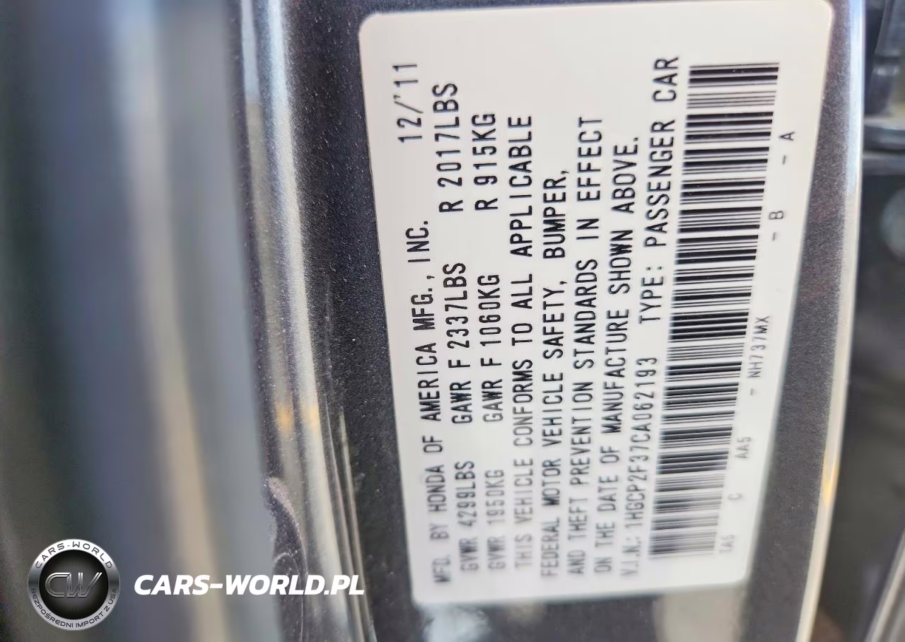 2012 Honda Accord Lx VIN:1HGCP2F37CA062193 - 12