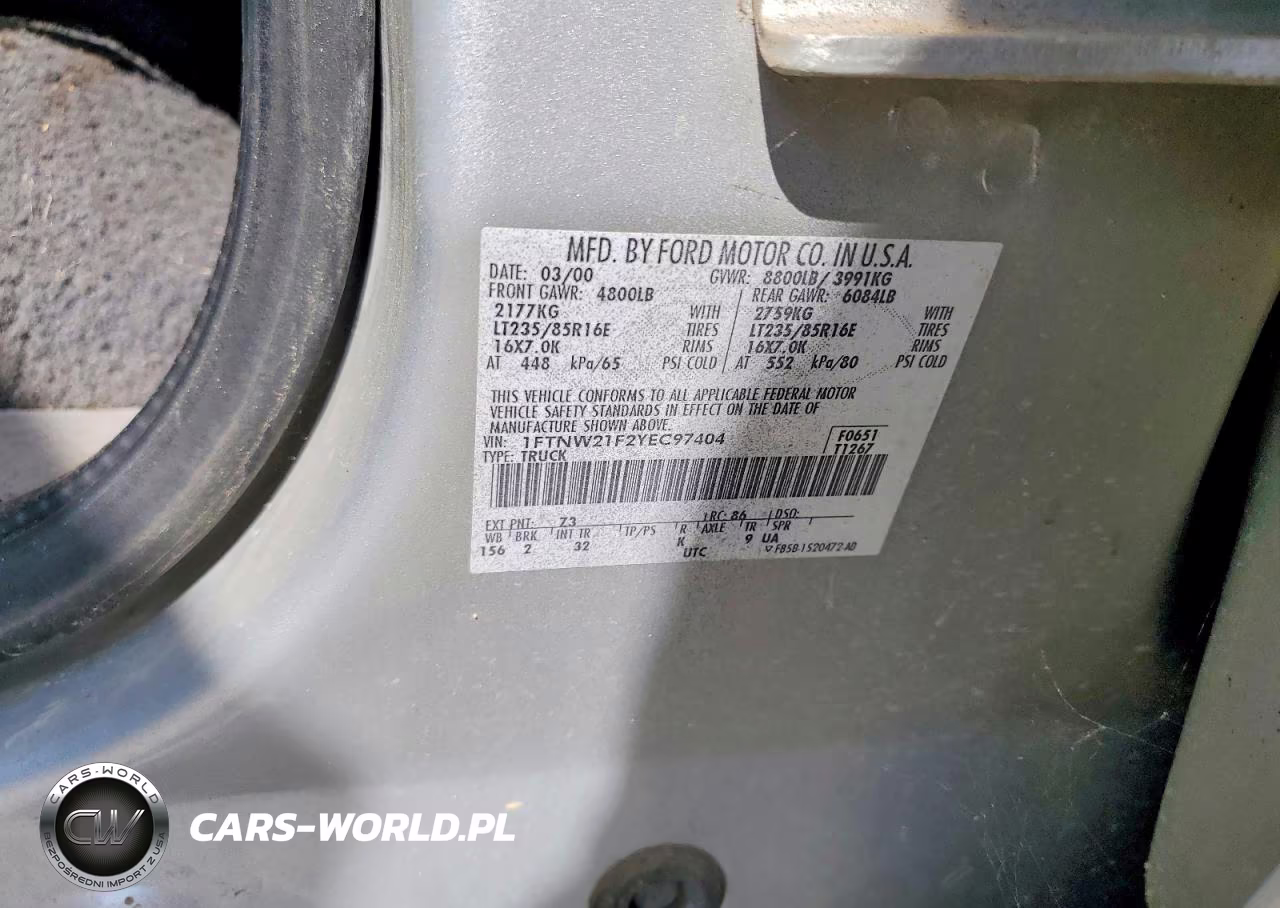 2000 Ford F250 Super Duty VIN:1FTNW21F2YEC97404 - 12