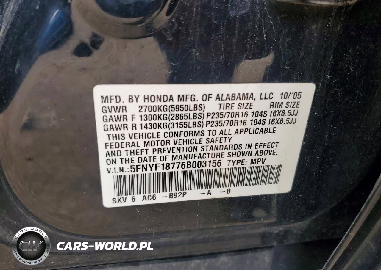 2006 Honda Pilot Ex VIN:5FNYF18776B003156 - 13
