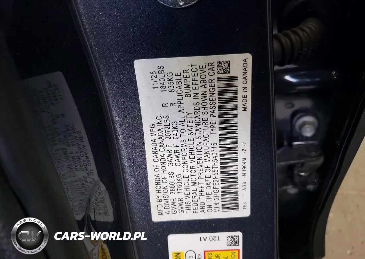 2026 Honda Civic Sport VIN:2HGFE2F55TH540715 - 12