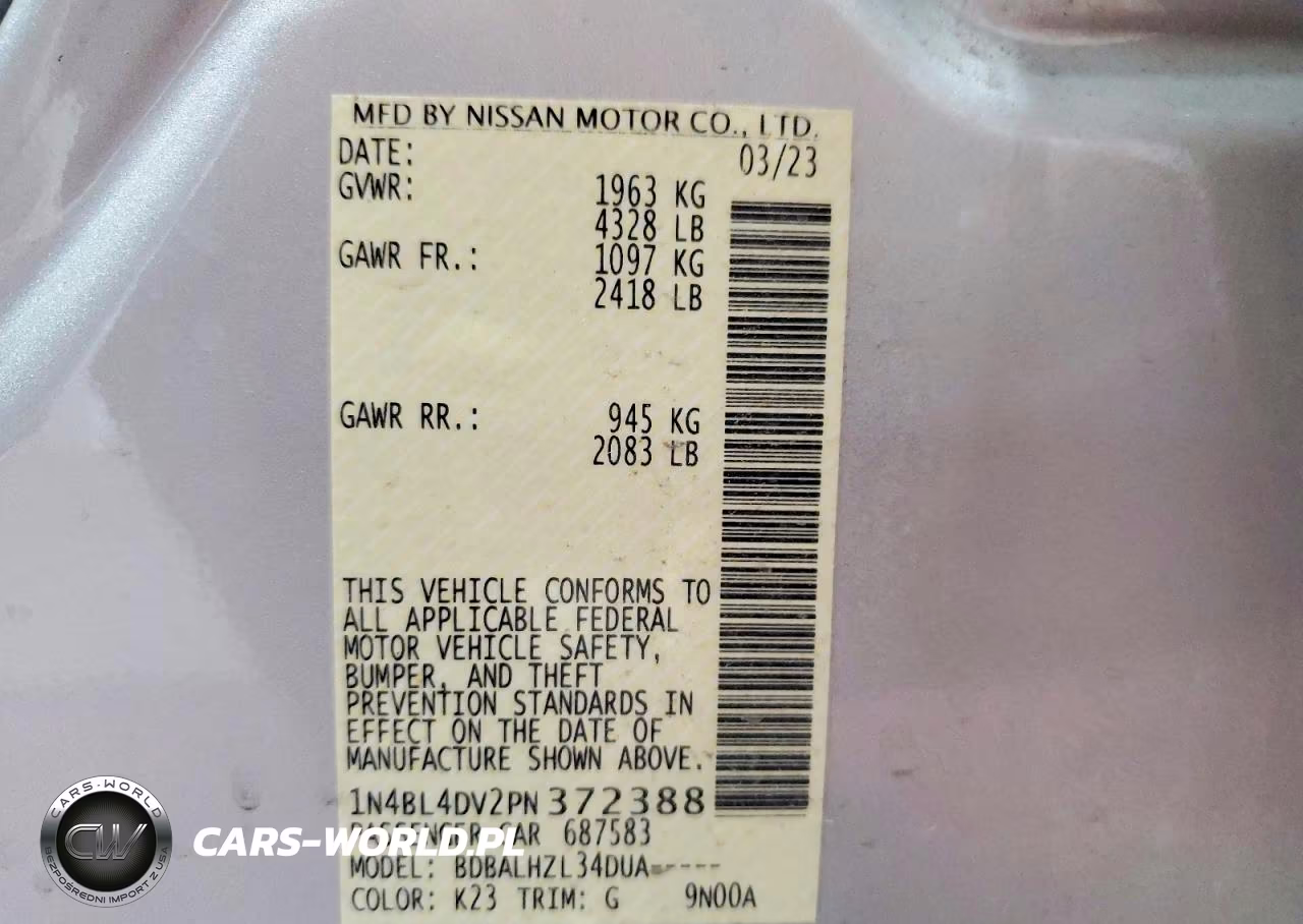 2023 Nissan Altima Sv VIN:1N4BL4DV2PN372388 - 12