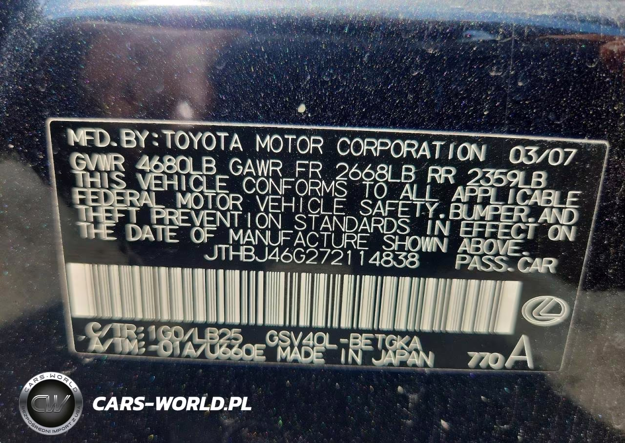2007 Lexus Es 350 VIN:JTHBJ46G272114838 - 12