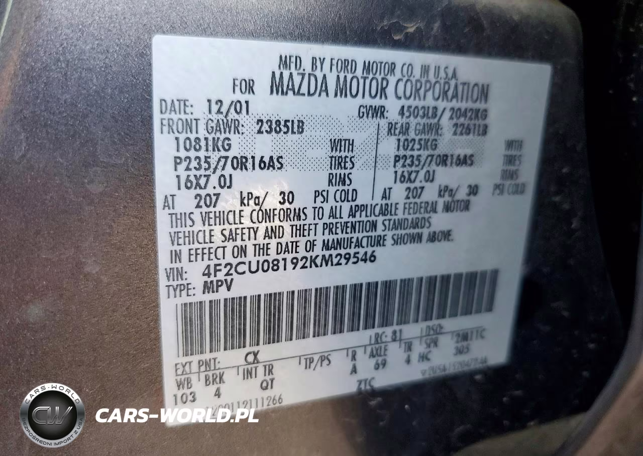 2002 Mazda Tribute Lx VIN:4F2CU08192KM29546 - 13