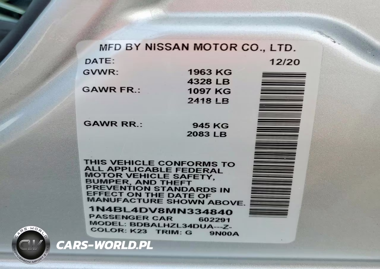 2021 Nissan Altima Sv VIN:1N4BL4DV8MN334840 - 12