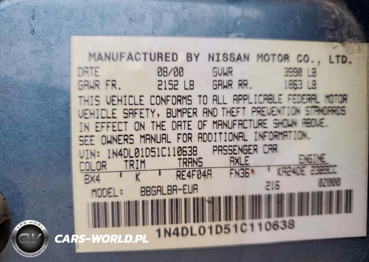 2001 Nissan Altima Xe VIN:1N4DL01D51C110638 - 12