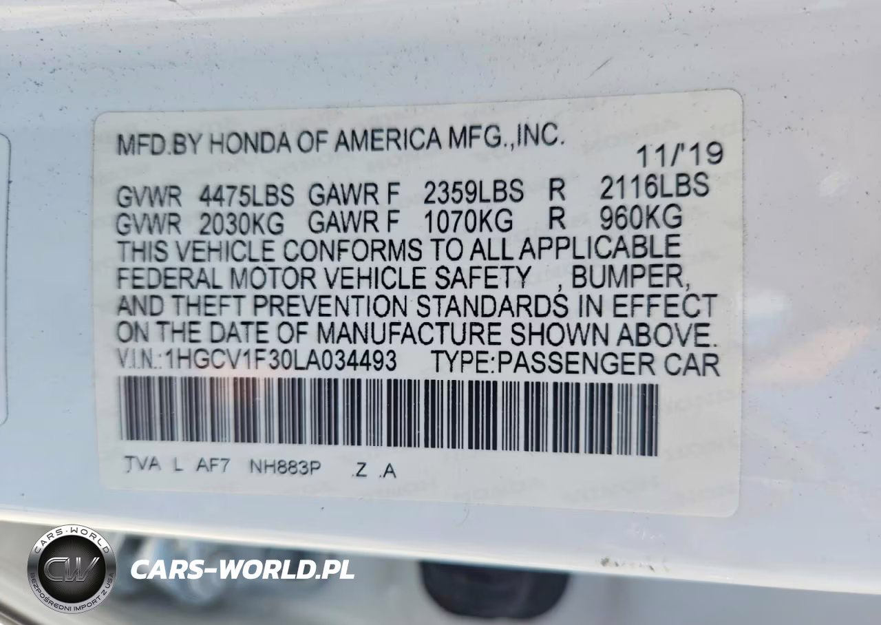 2020 Honda Accord Sport VIN:1HGCV1F30LA034493 - 12