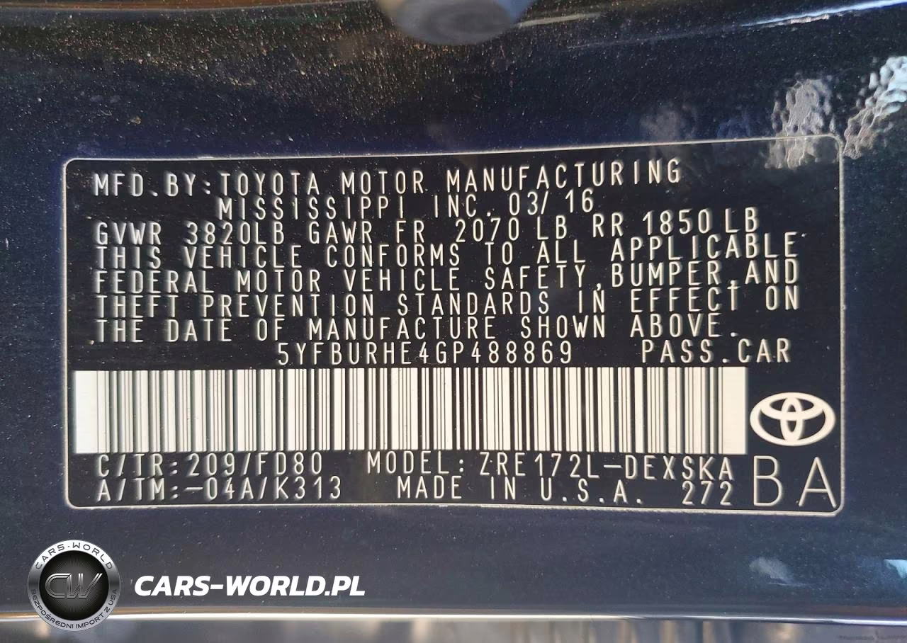 2016 Toyota Corolla S Plus VIN:5YFBURHE4GP488869 - 12