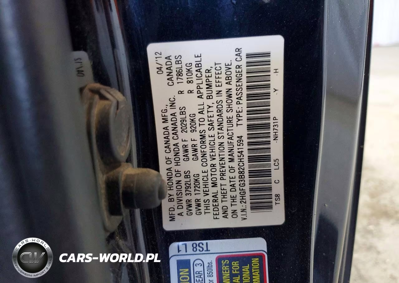 2012 Honda Civic Ex VIN:2HGFG3B82CH541594 - 12