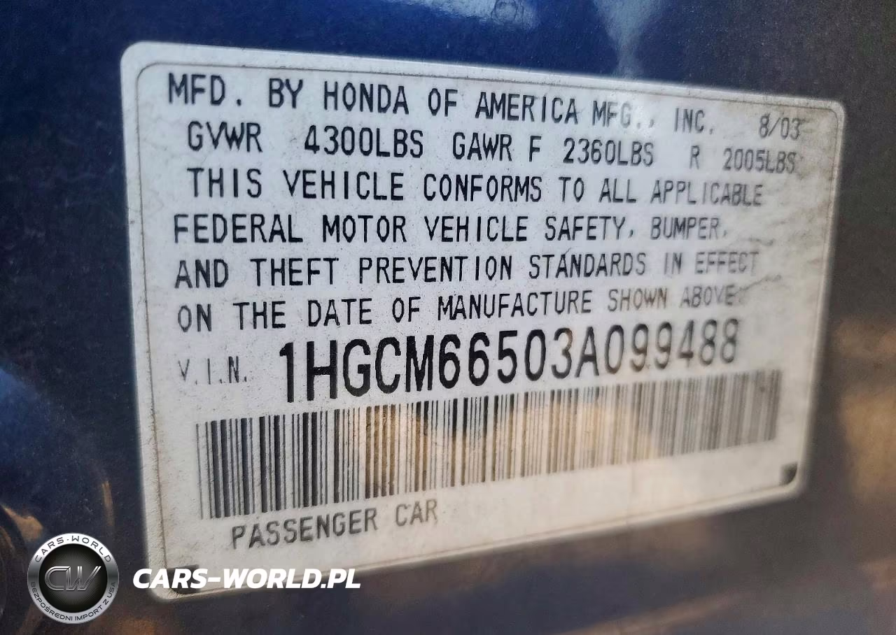 2003 Honda Accord Ex VIN:1HGCM66503A099488 - 12