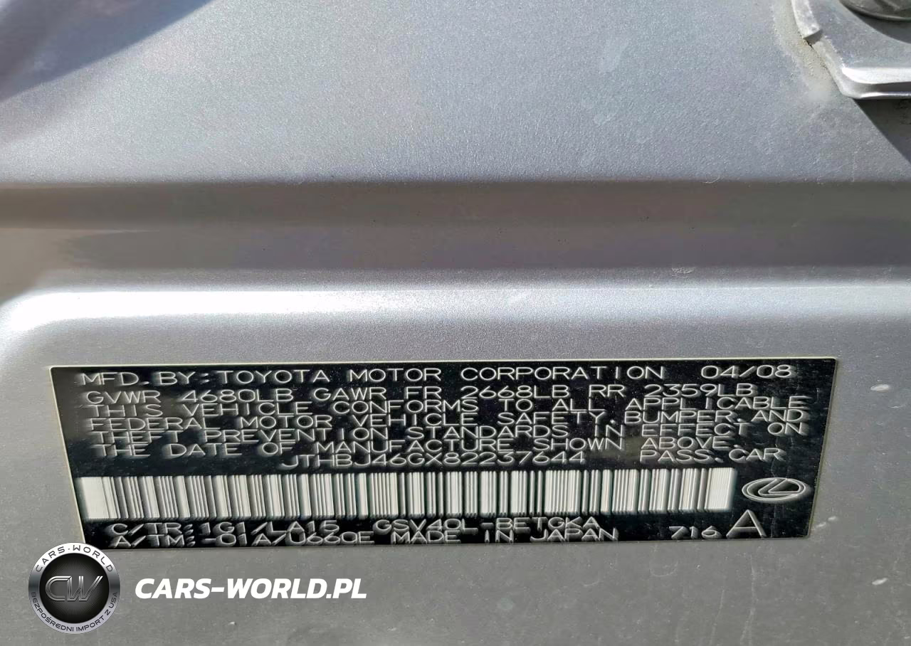 2008 Lexus Es 350 VIN:JTHBJ46GX82237644 - 12