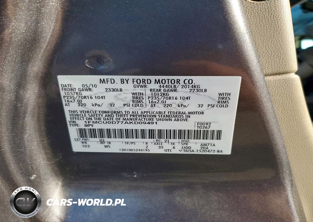 2010 Ford Escape Xlt VIN:1FMCU0D77AKD09491 - 13