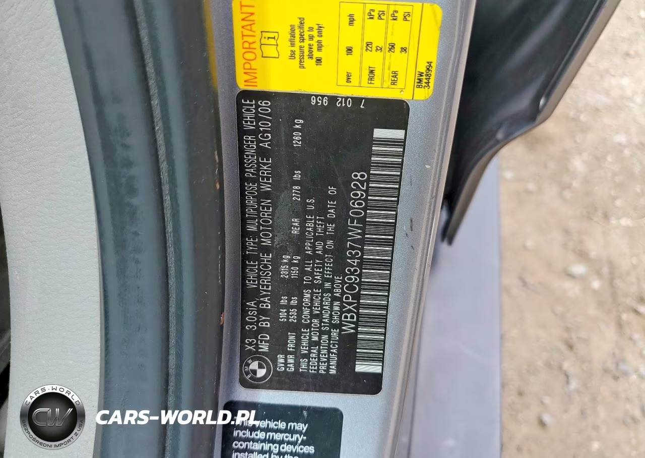 2007 BMW X3 3.0Si VIN:WBXPC93437WF06928 - 13