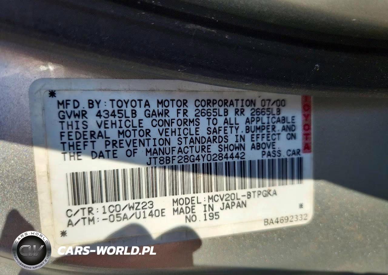 2000 Lexus Es 300 VIN:JT8BF28G4Y0284442 - 12