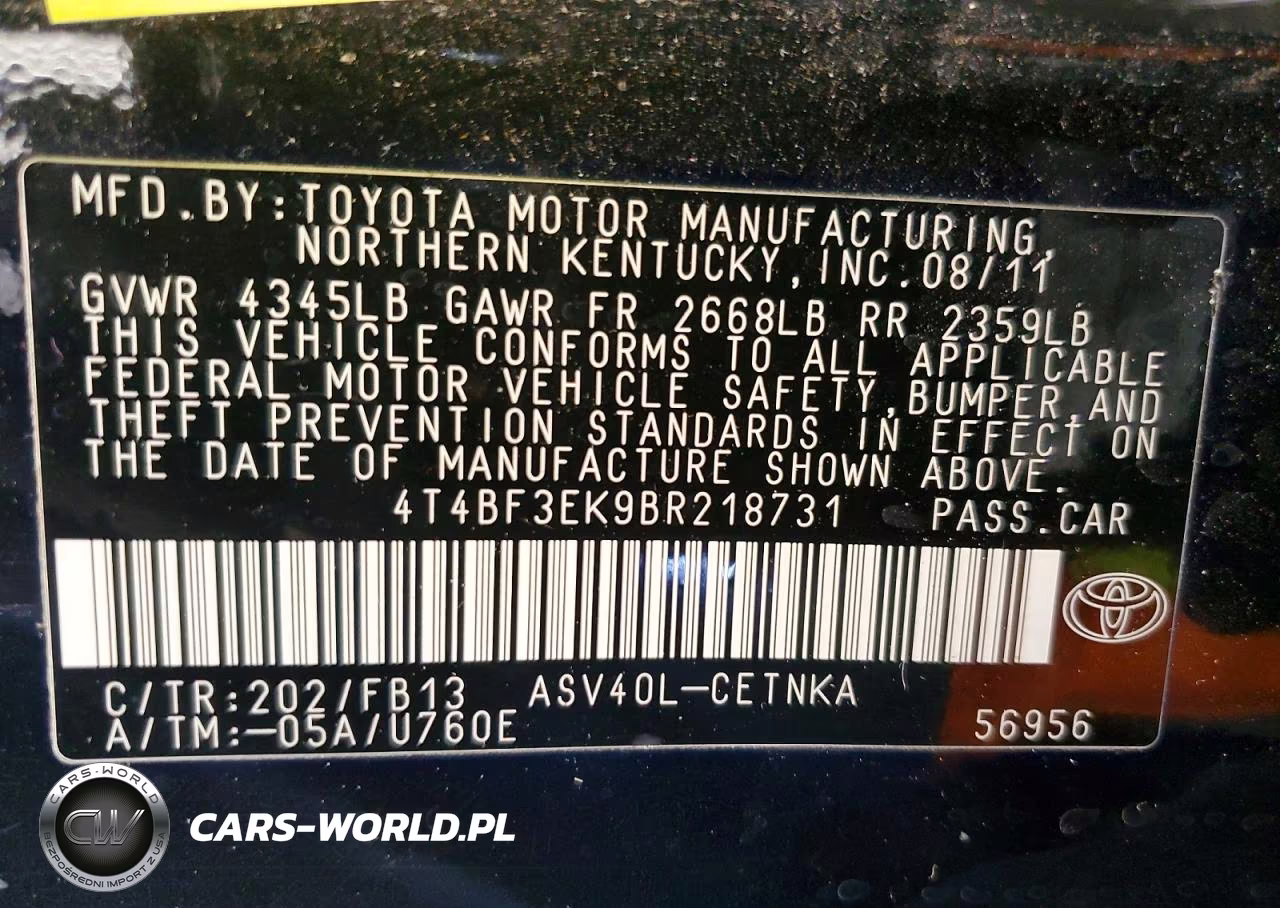 2011 Toyota Camry Base VIN:4T4BF3EK9BR218731 - 12