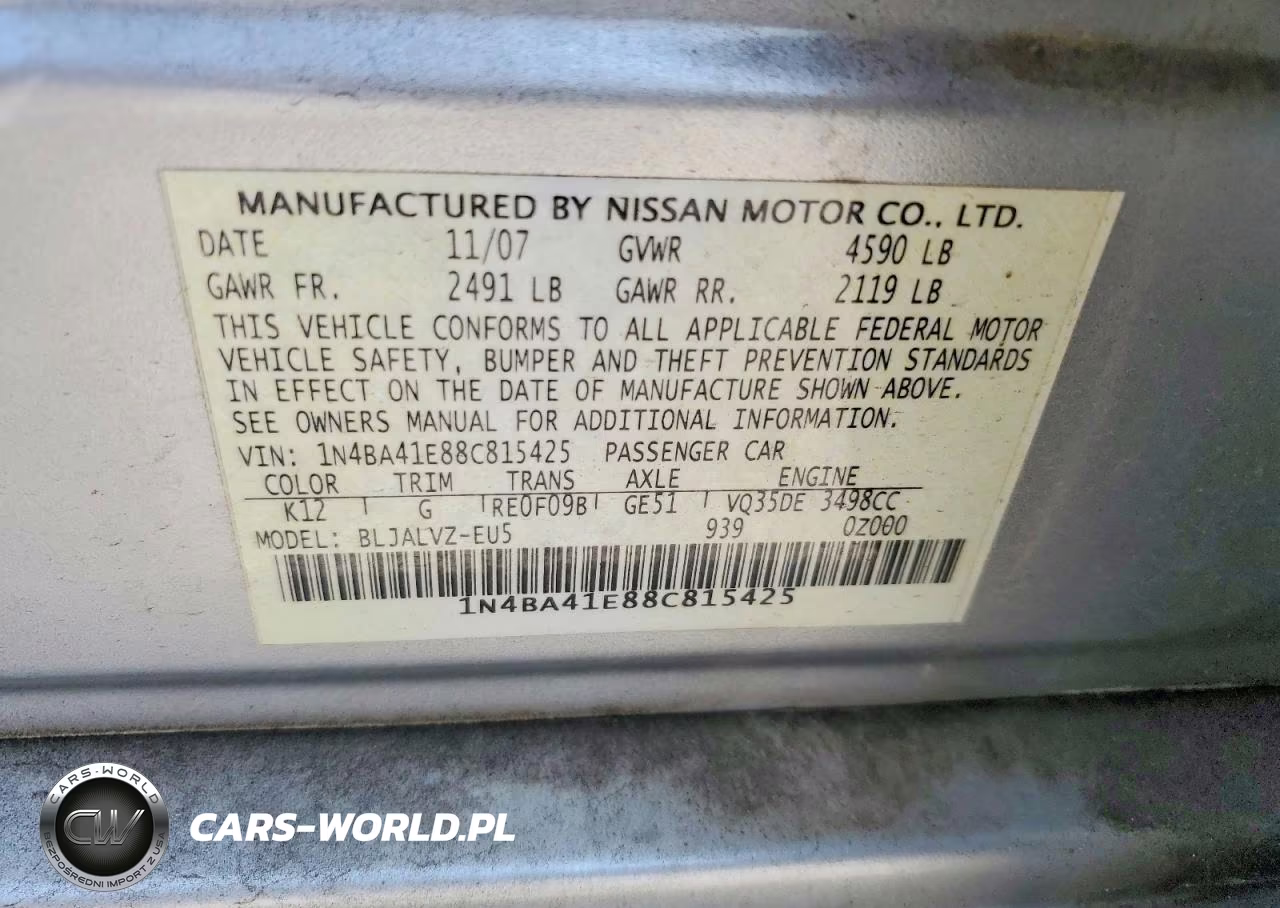 2008 Nissan Maxima 3.5 Se VIN:1N4BA41E88C815425 - 12