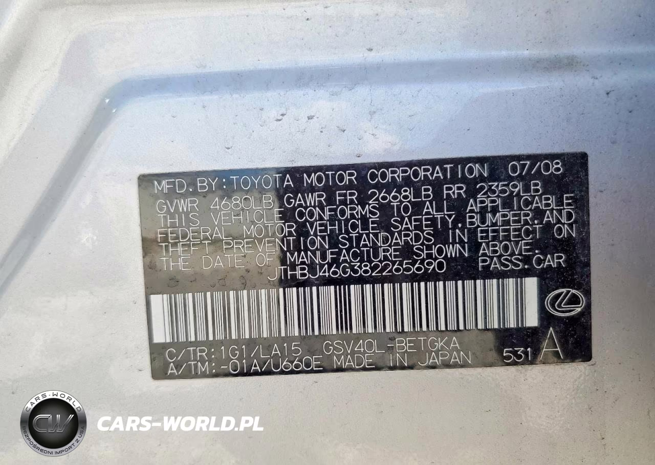 2008 Lexus Es 350 VIN:JTHBJ46G382265690 - 12