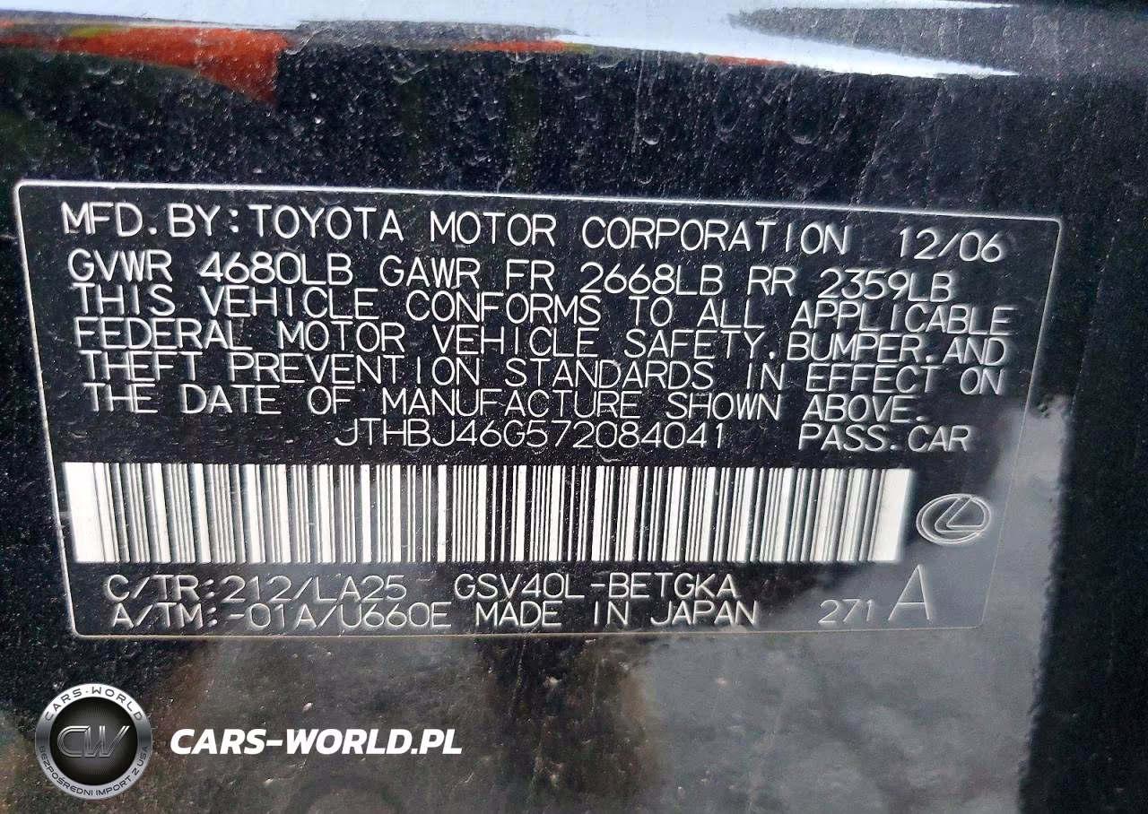 2007 Lexus Es 350 VIN:JTHBJ46G572084041 - 12