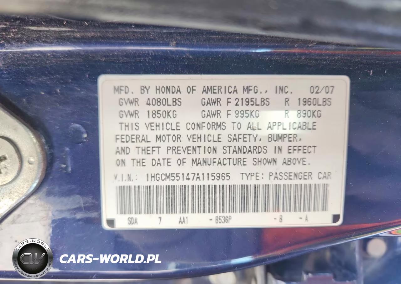2007 Honda Accord Value VIN:1HGCM55147A115965 - 12