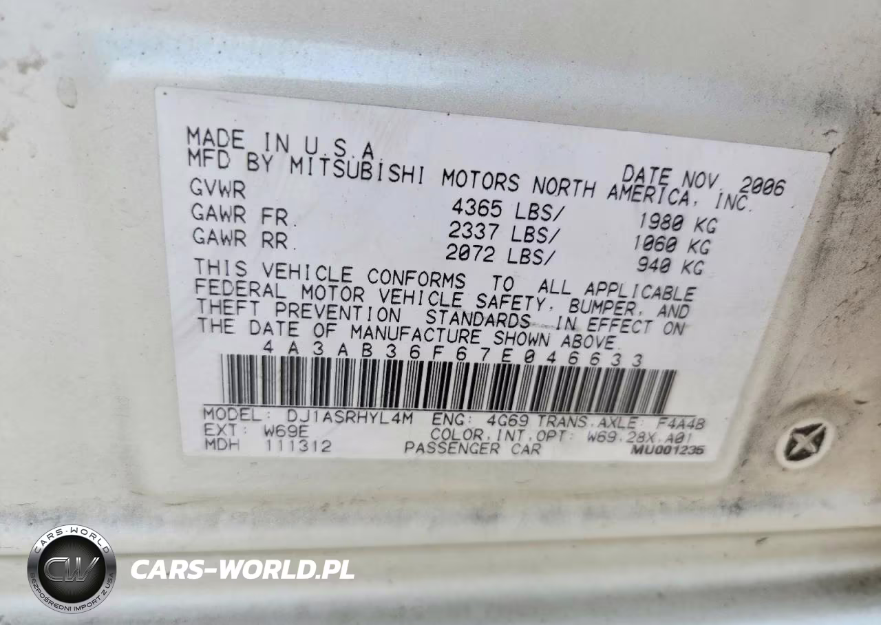 2007 Mitsubishi Galant Es VIN:4A3AB36F67E046633 - 12