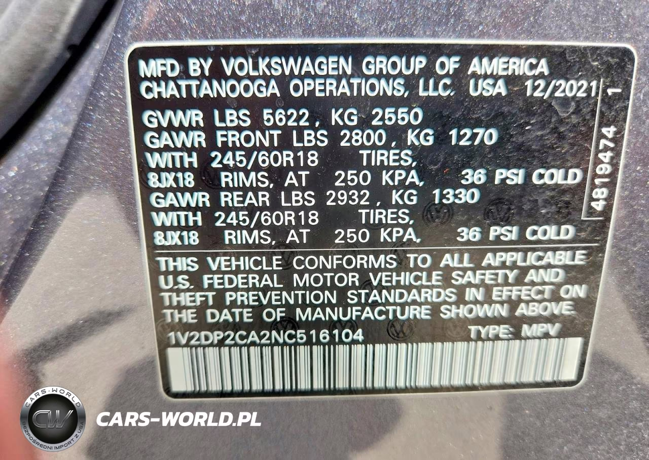 2022 Volkswagen Atlas 2.0T Se VIN:1V2DP2CA2NC516104 - 13