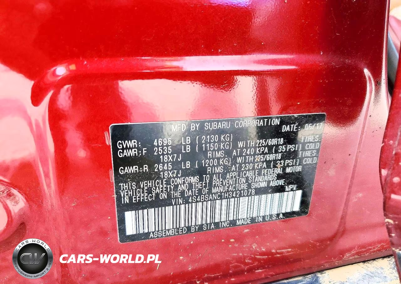 2017 Subaru Outback 2.5I Limited VIN:4S4BSANC1H3421078 - 14