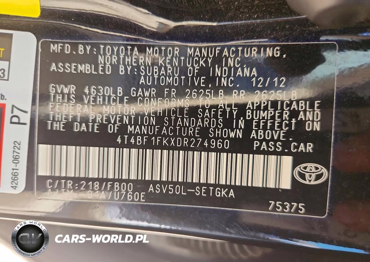 2013 Toyota Camry Xle VIN:4T4BF1FKXDR274960 - 12