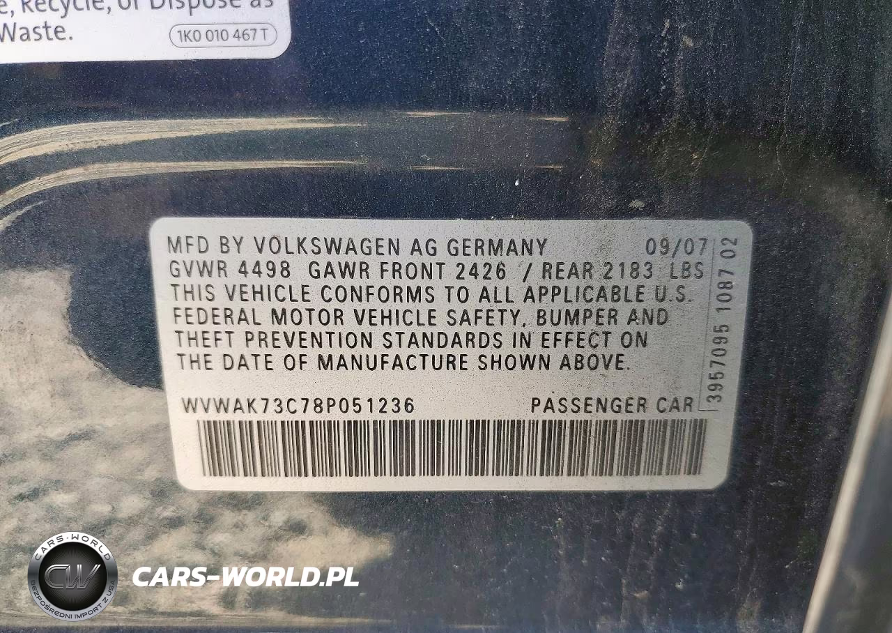 2008 Volkswagen Passat Komfort VIN:WVWAK73C78P051236 - 12
