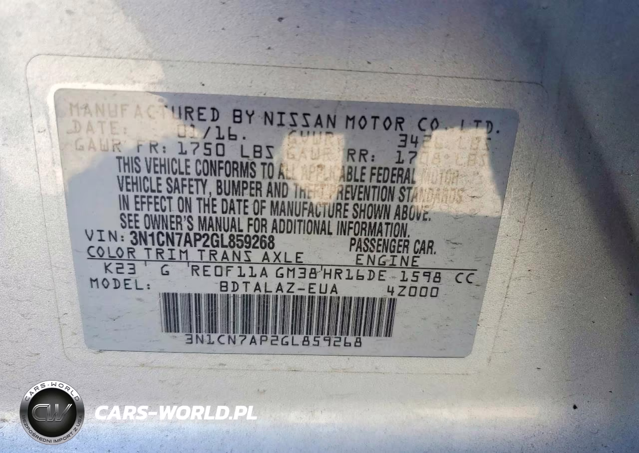 2016 Nissan Versa 1.6 S Plus VIN:3N1CN7AP2GL859268 - 13