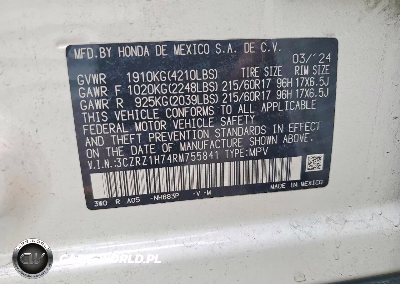 2024 Honda Hr-V Exl VIN:3CZRZ1H74RM755841 - 13