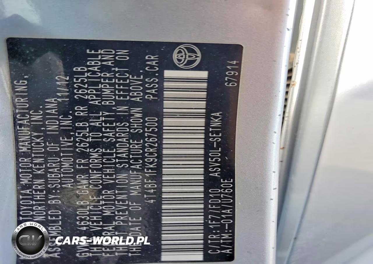 2012 Toyota Camry Le VIN:4T4BF1FK9CR267500 - 12