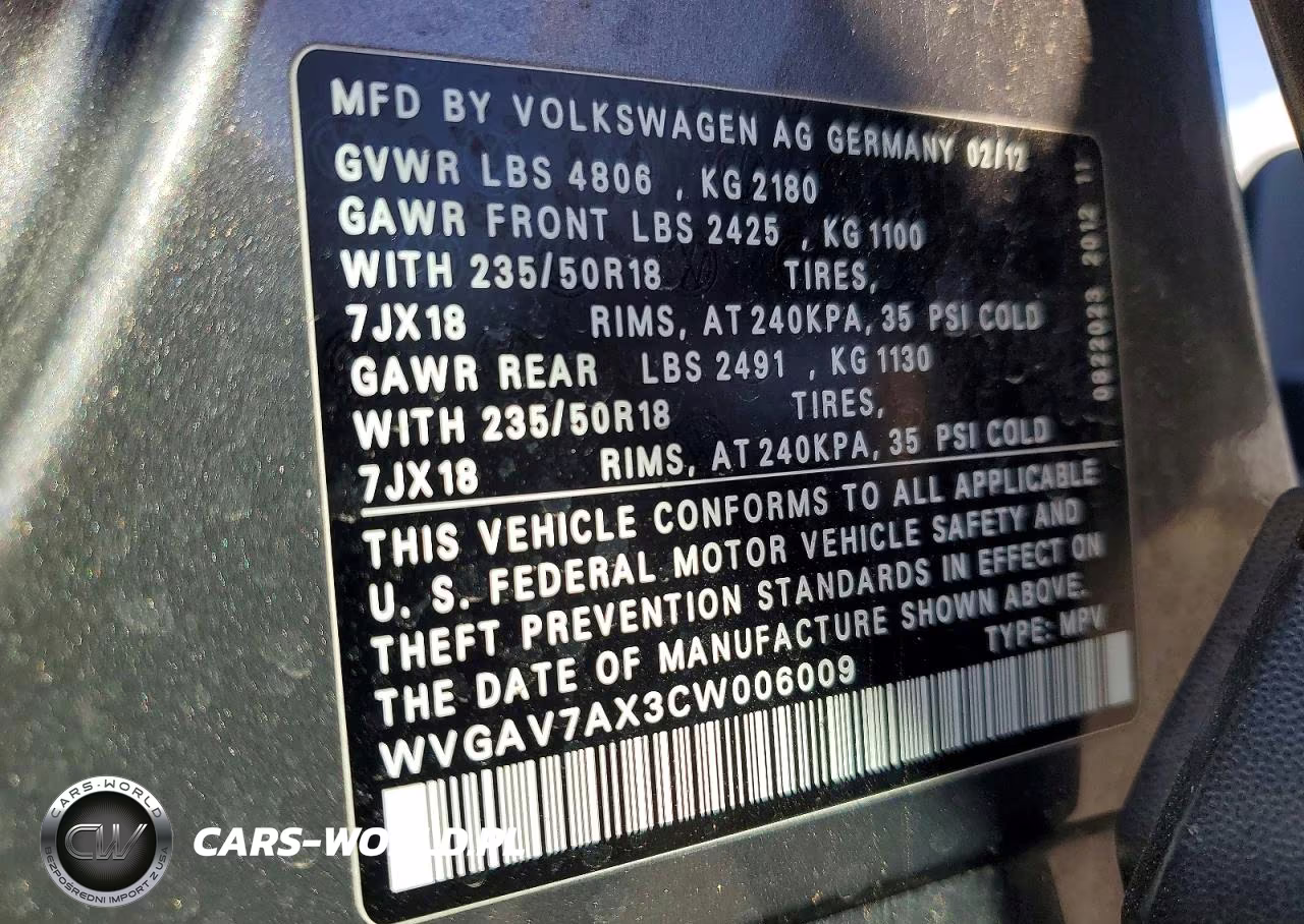 2012 Volkswagen Tiguan S VIN:WVGAV7AX3CW006009 - 12