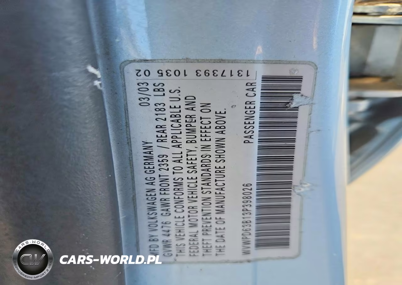 2003 Volkswagen Passat Gls VIN:WVWPD63B13P398026 - 12