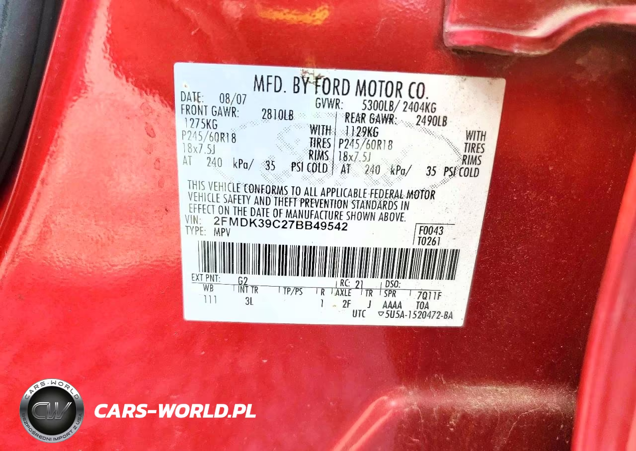2007 Ford Edge Sel Plus VIN:2FMDK39C27BB49542 - 13