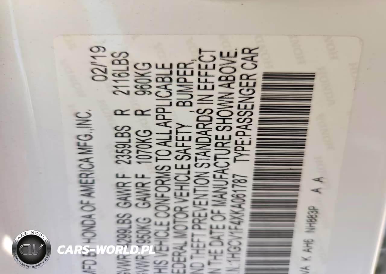 2019 Honda Accord Ex VIN:1HGCV1F4XKA061787 - 12