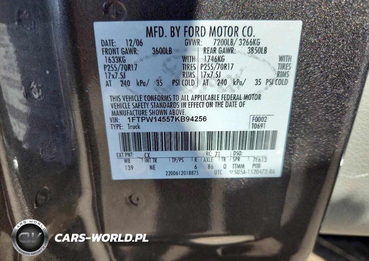 2007 Ford F150 Supercrew VIN:1FTPW14557KB94256 - 12